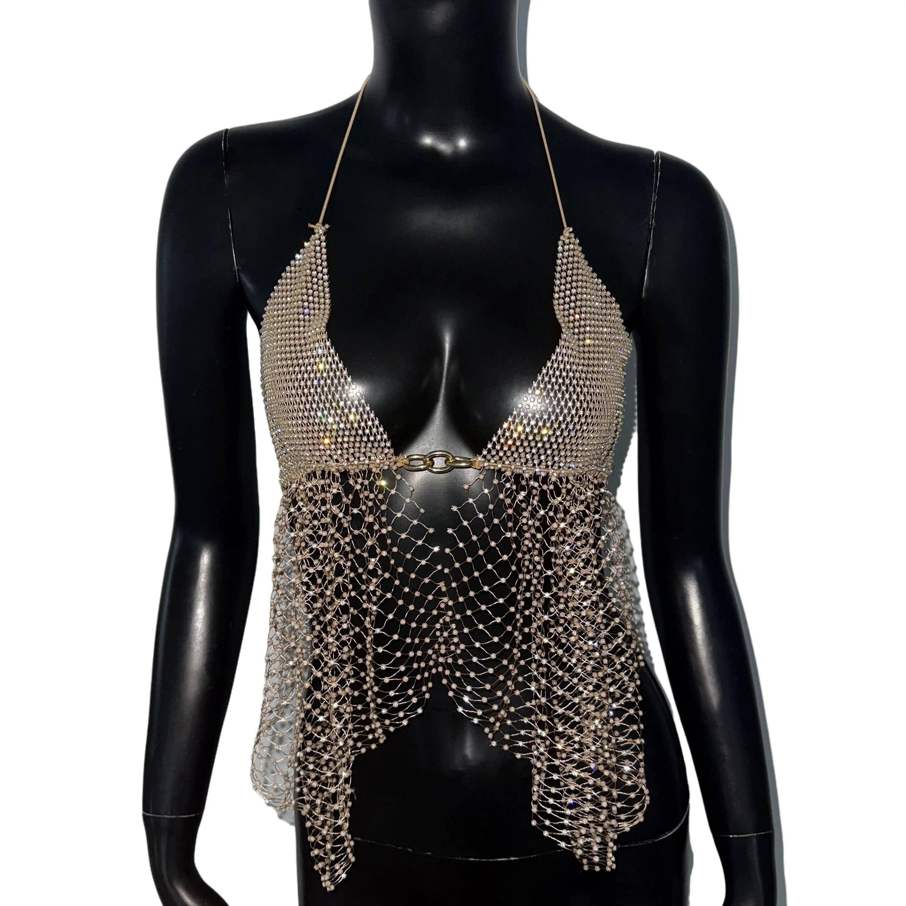 Rhinestone Mesh Tassel Halter Crop Top - Deep V Fishnet Camisole