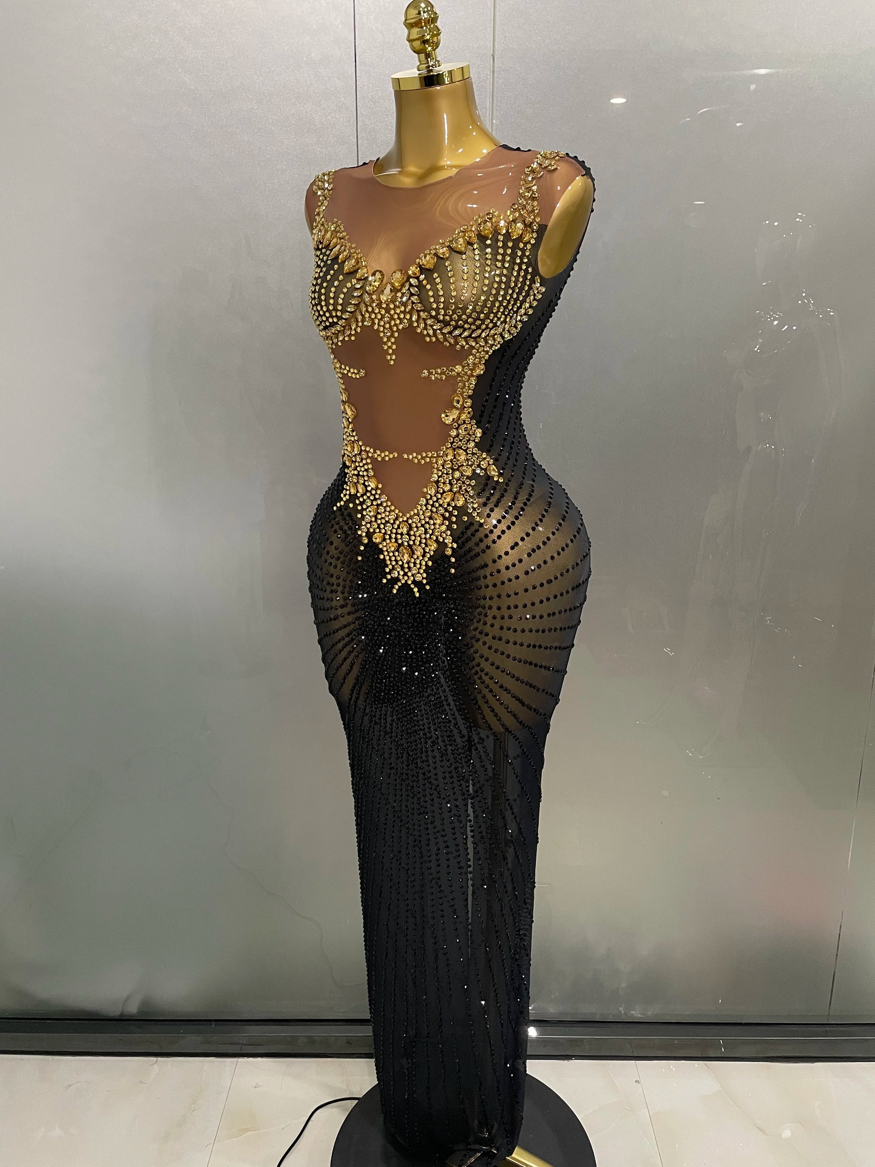 Gold Rhinestone Harness Gown | Sleeveless | Ankle-Length | Stage