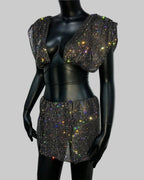 Rhinestone Crop Top & Skirt Set - Backless Festival Two-Piece
