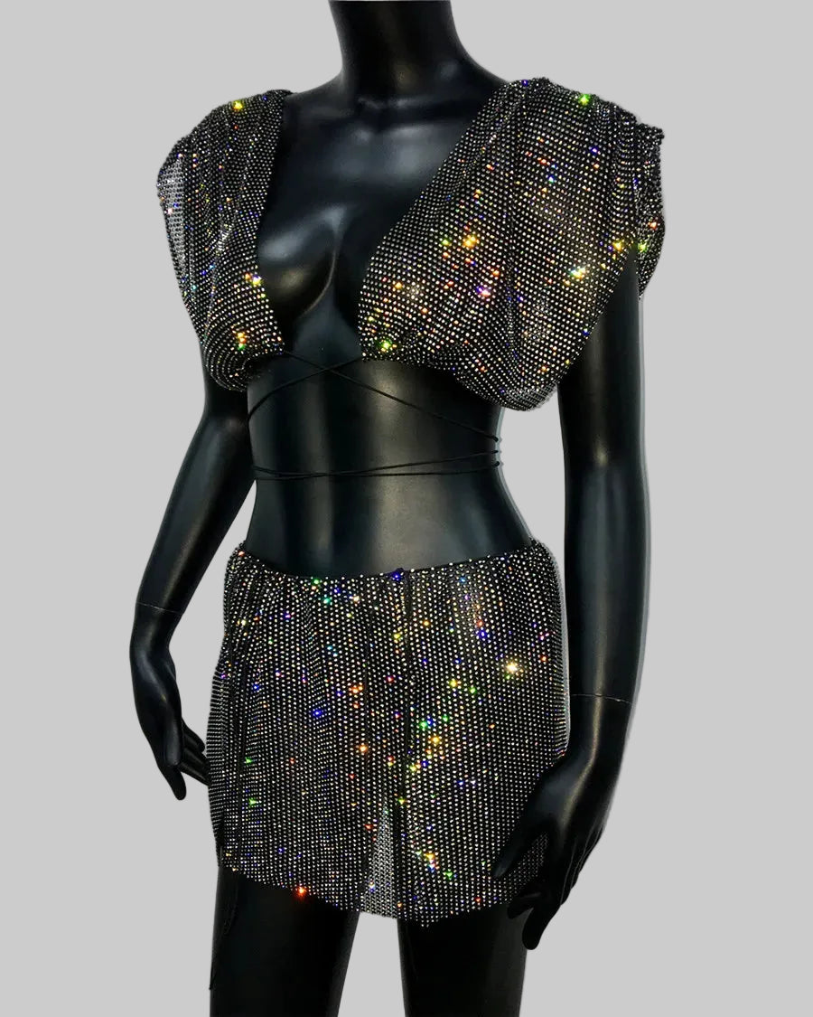 Rhinestone Crop Top & Skirt Set - Backless Festival Two-Piece