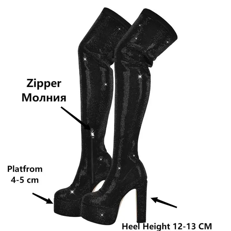 Rhinestone Over-the-Knee Platform Boots