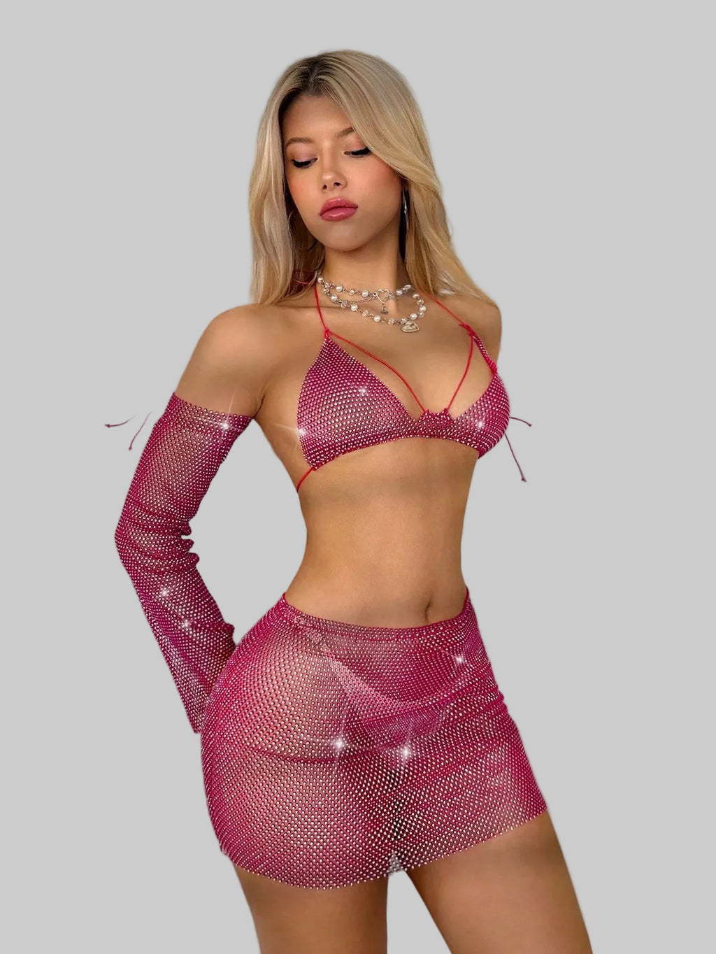 Rhinestone Mesh 3-Piece Set - Camisole, Mini Skirt & Oversleeve