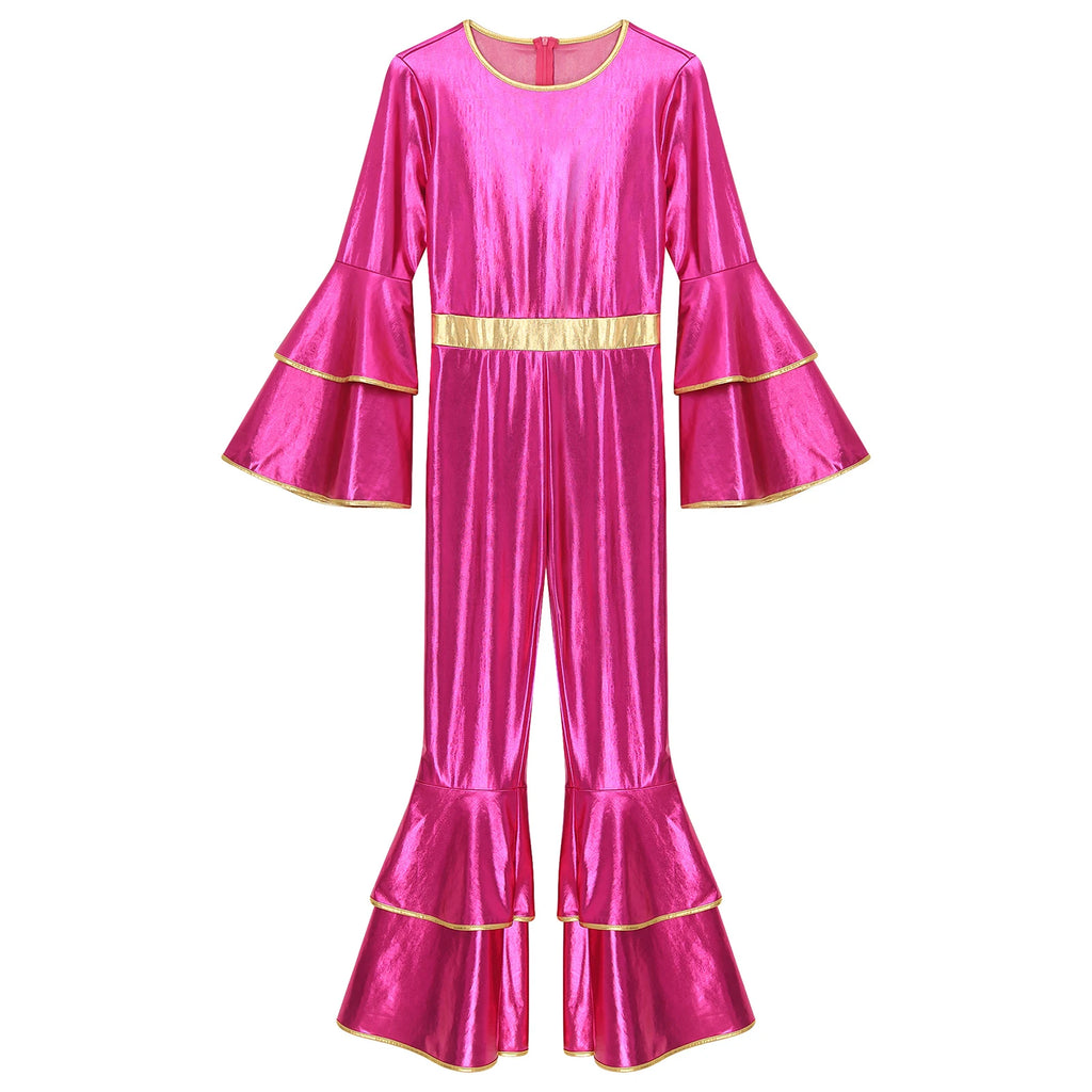 Women's Metallic Jumpsuit | Tiered Flare Sleeve | 70s Disco