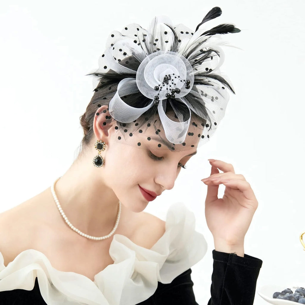 Feather Flower Fascinator Hat | Floral Mesh Headband | 36 Colors
