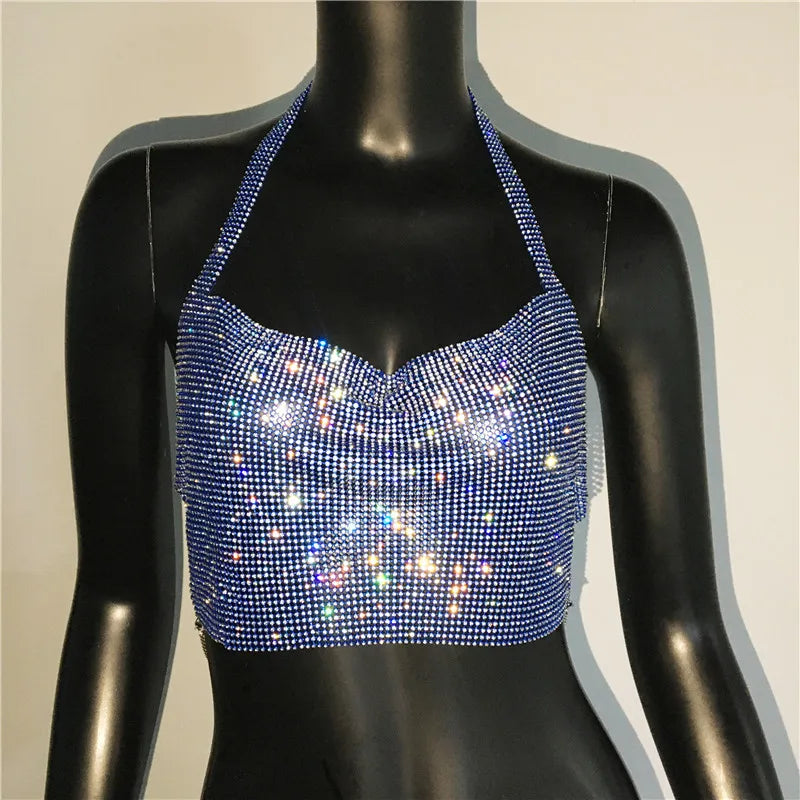 Rhinestone Sequin Halter Crop Top - Backless Metallic Strap Tank for Festival