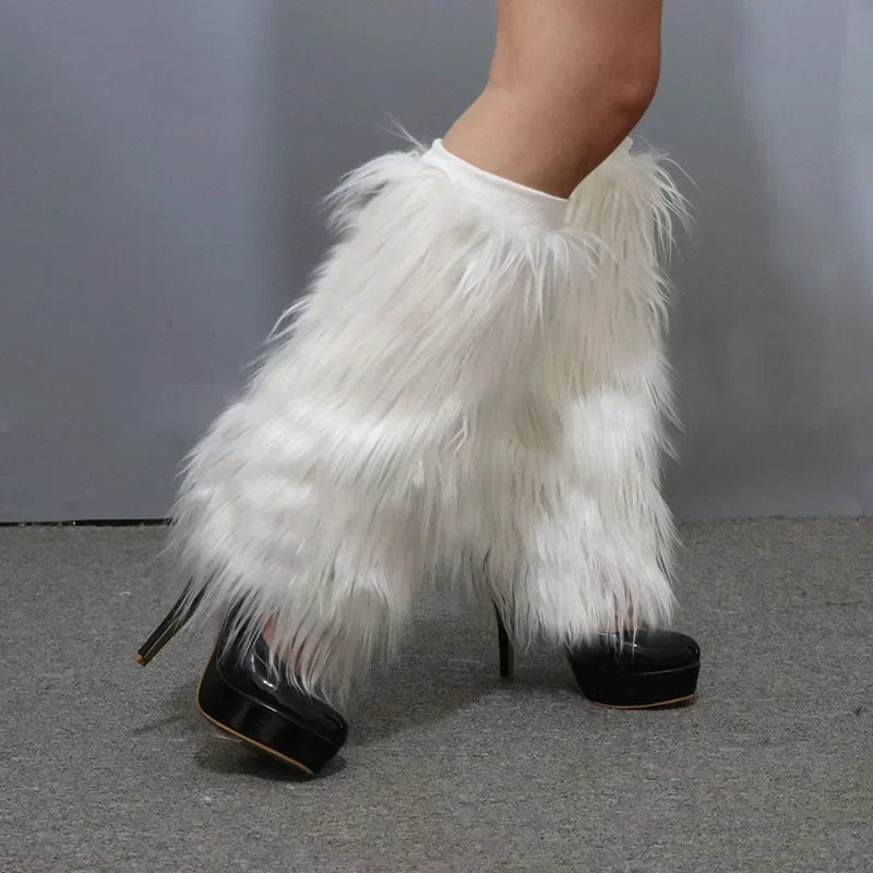 LED Fluffy Faux Fur Boot Covers | 40 cm | Rave & Festival Leg Warmers | White