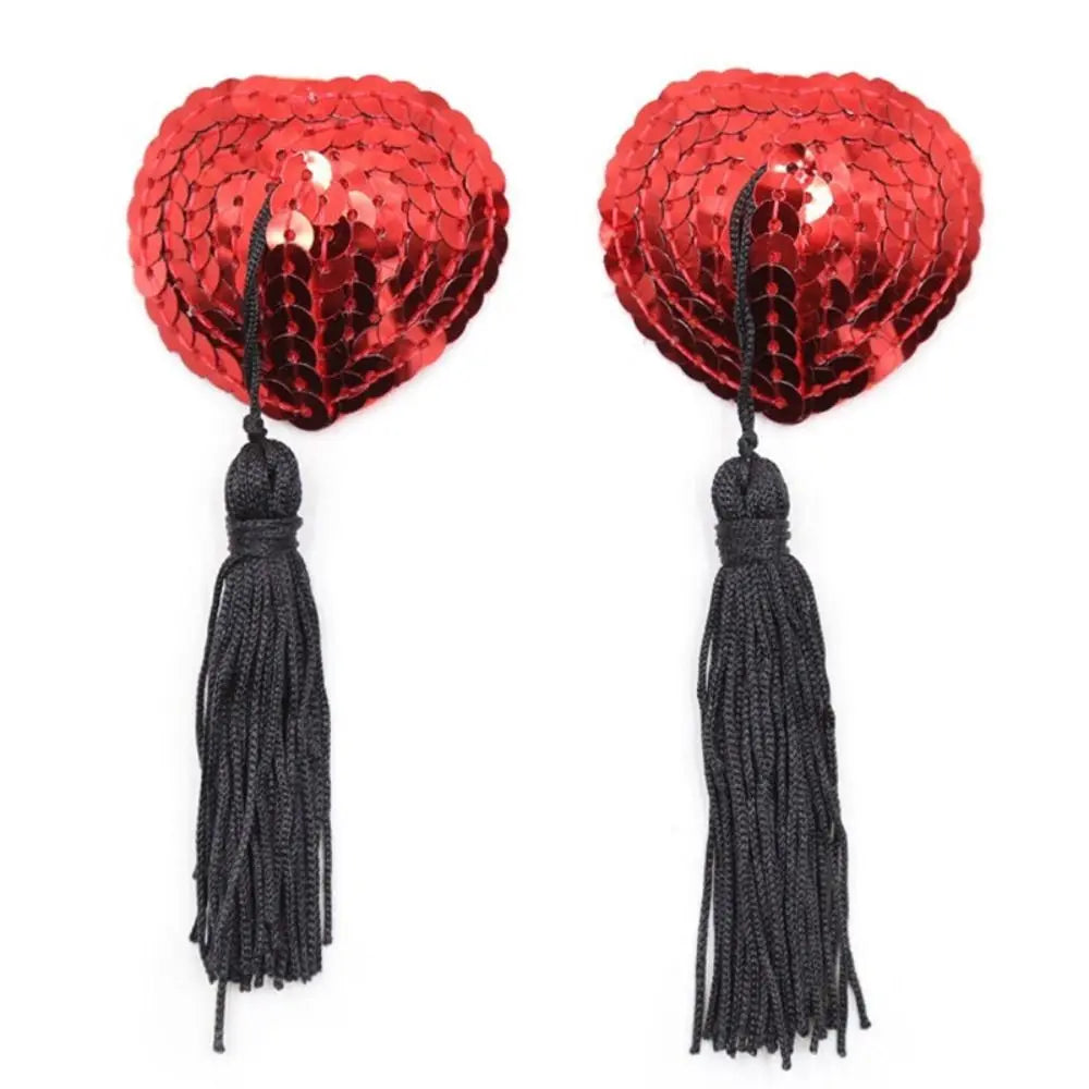 Sequin Heart Tassel Nipple Covers - Reusable Self-Adhesive Pasties for Performers