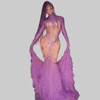 Purple Rhinestone Long Tail Dress - Luxury Crystal Performance Gown for Drag Queens & Performers