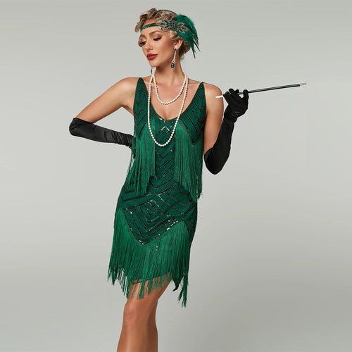 1920s Gatsby Sequin Tassel Fringe Dress | V-Neck | Plus Size