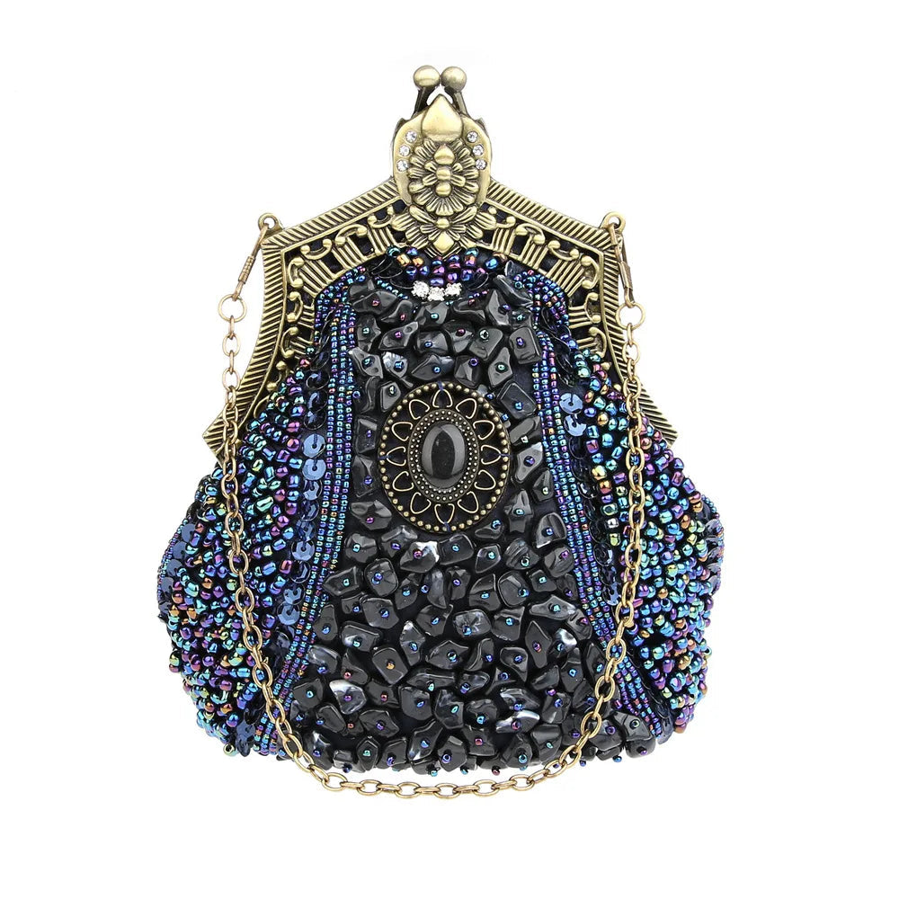 Retro Pearl & Sequin Beaded Clutch | Antique Gold Frame Bag