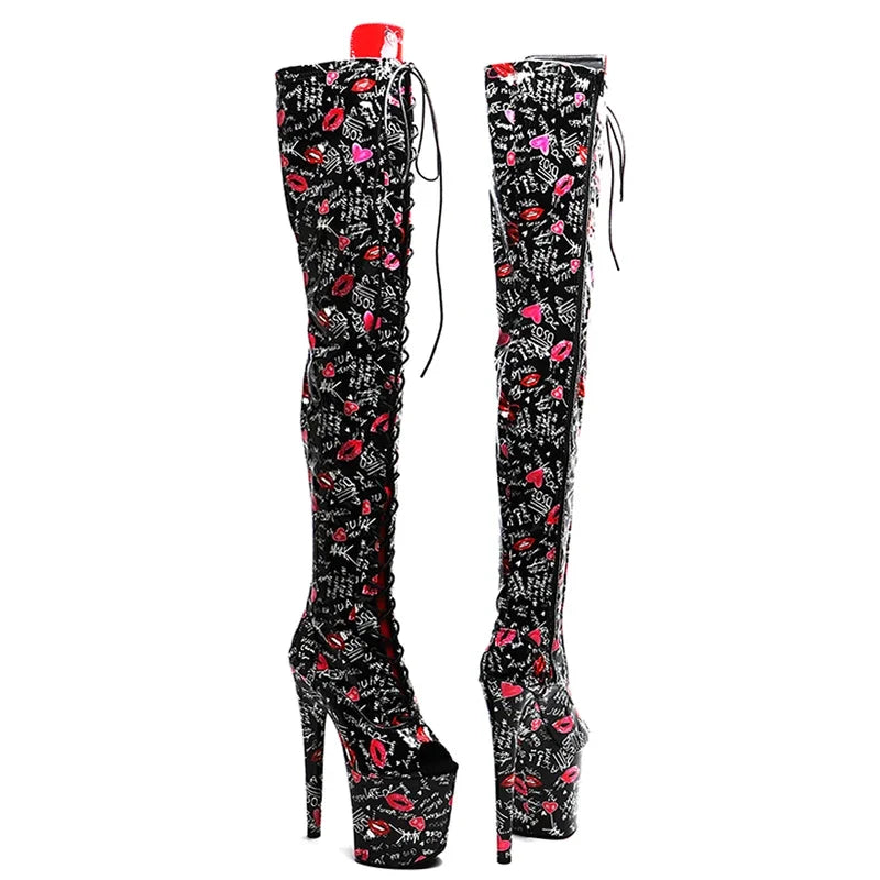 8-Inch Lip Print Thigh-High Boots - Open Toe Platform Boots