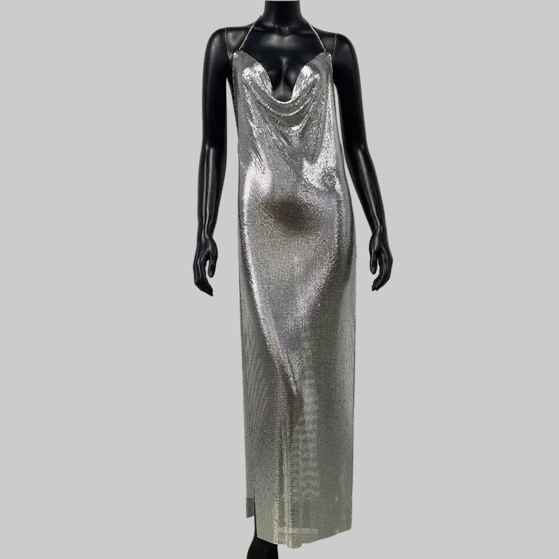 Metal Sequin Chain Strap Maxi Dress