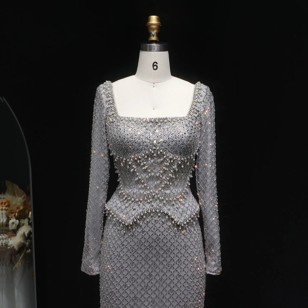 Crystal Beaded Mermaid Gown | Long Sleeve | Square Neck