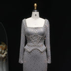 Crystal Beaded Mermaid Gown | Long Sleeve | Square Neck