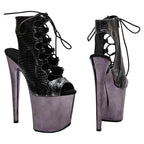 20CM Snake Print Platform Pole Dance Boots - Ultra High Heel Open Toe Ankle Boots