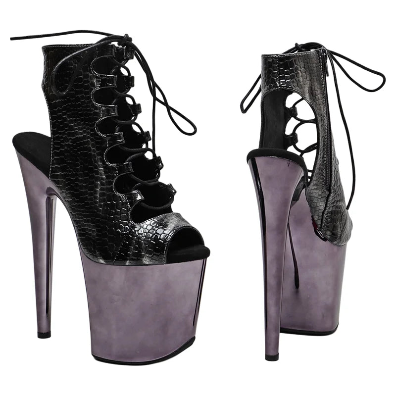 20CM Snake Print Platform Pole Dance Boots - Ultra High Heel Open Toe Ankle Boots