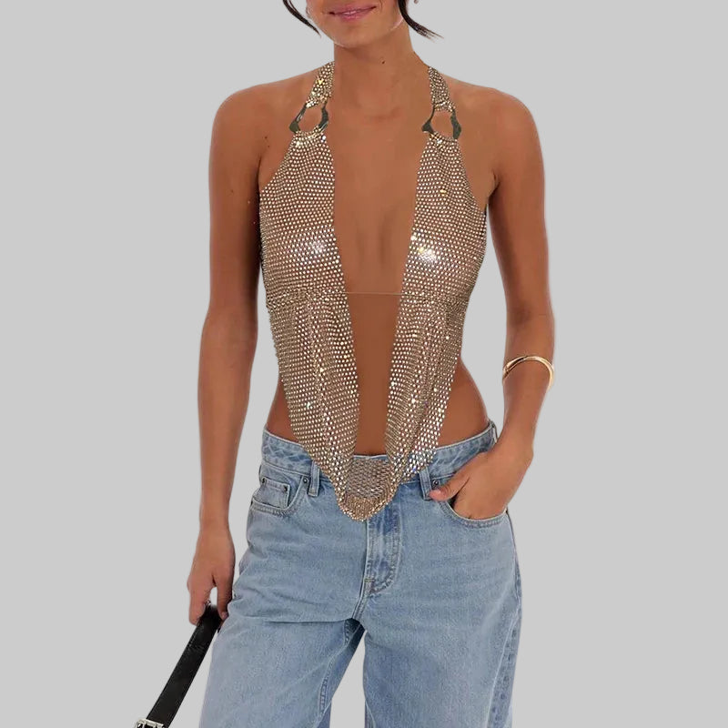 Rhinestone Mesh Halter Crop Top - Sheer Backless