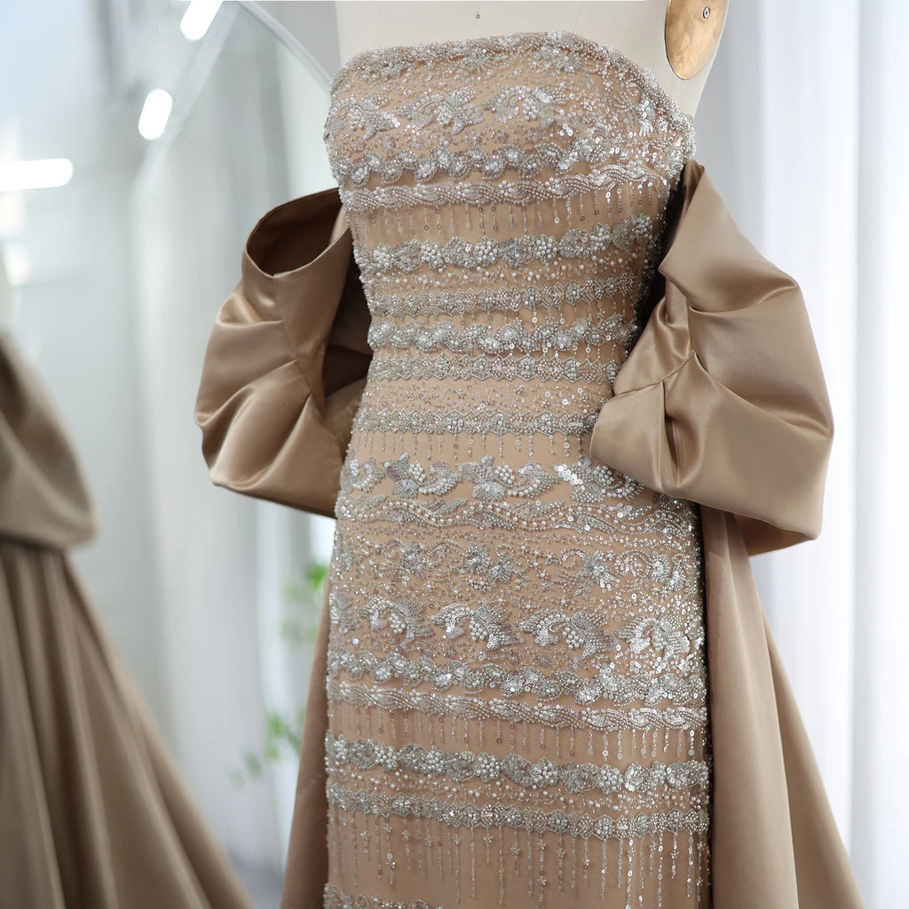 Sage Green & Champagne Beaded Mermaid Pageant Gown | Cape | Short Sleeve