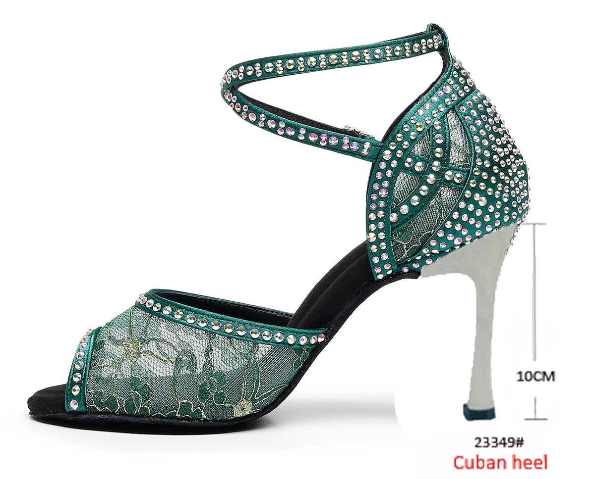 Rhinestone Lace Mesh Latin Dance Heels | Red & Green | 6–10cm