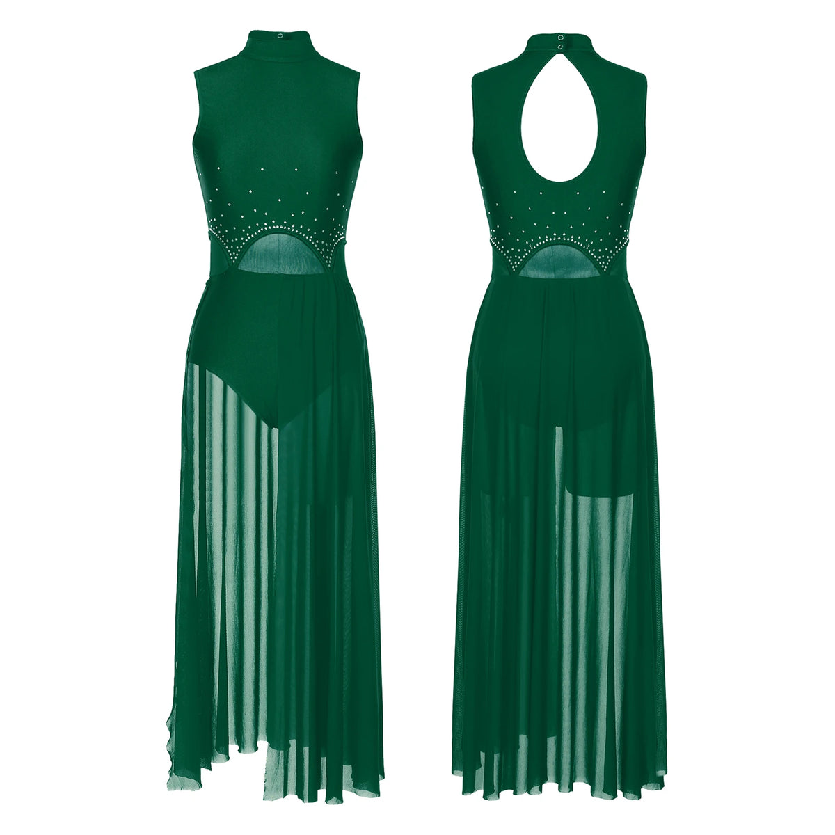 Women's Rhinestone One-Shoulder Lyrical Dance Dress | Flared Sleeve & Open-Front Mesh Maxi Skirt