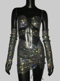 Rhinestone Diamond Two-Piece Set - Strapless Crop Top & Split Mini Skirt