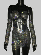 Rhinestone Diamond Two-Piece Set - Strapless Crop Top & Split Mini Skirt