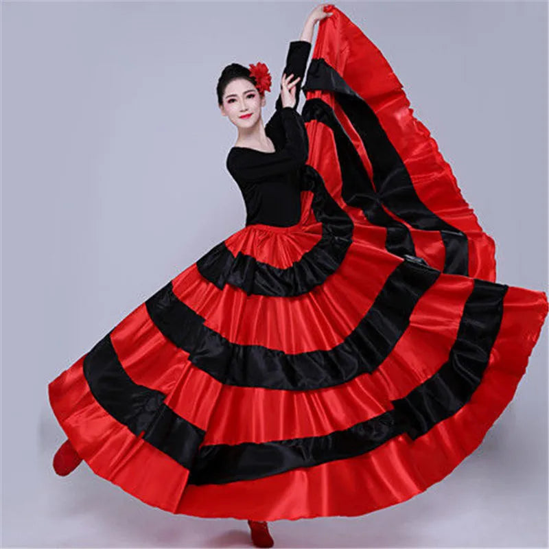 Satin Flamenco Skirt | Gold-Trim Ruffle | 360–720° Swing