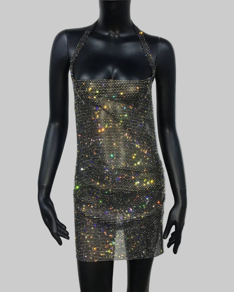 Rhinestone Fishnet Mini Dress - Halter Backless Side Split Dress