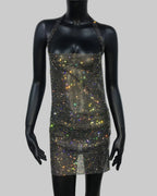 Rhinestone Fishnet Mini Dress - Halter Backless Side Split Dress
