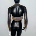 Rhinestone Mesh Long Sleeve Crop Top - Sheer Backless V-Neck Tee