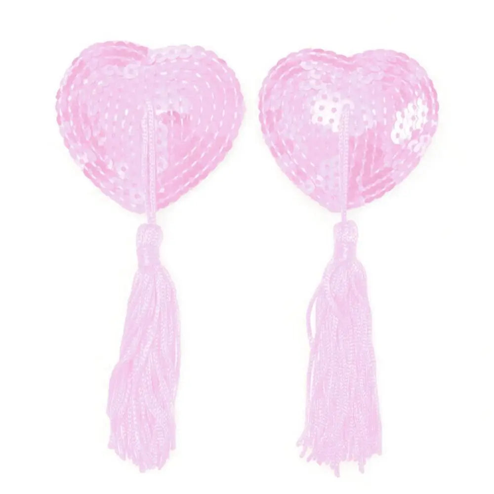 Sequin Heart Tassel Nipple Covers - Reusable Self-Adhesive Pasties for Performers