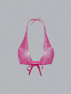 Rhinestone Backless Halter Bikini Top - Deep V-Neck Bandage Party Top