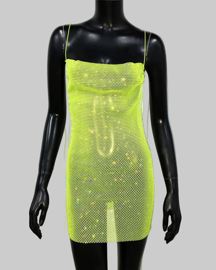 Rhinestone Mesh Bodycon Dress - Sheer Fishnet Mini Dress