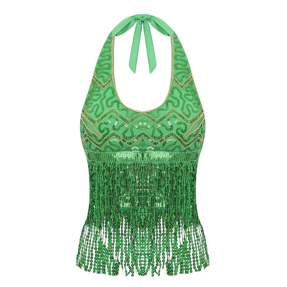 Sequin Fringe Halter Belly Dance Top | Built-In Pads | Festival & Stage | One Size