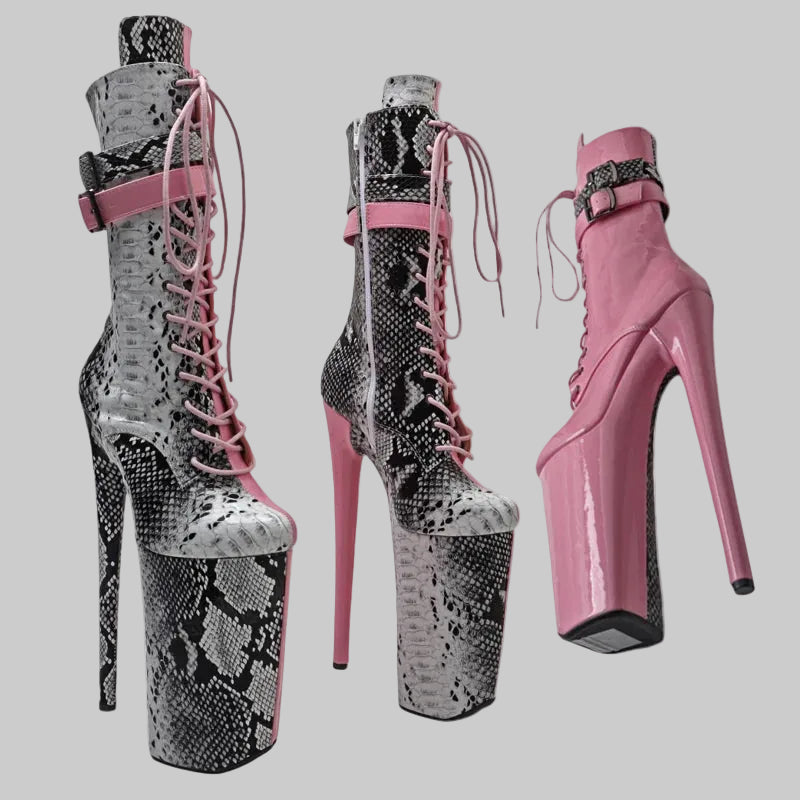 26CM Snakeskin Platform Pole Dance Boots - Exotic High Heel Performance Shoes