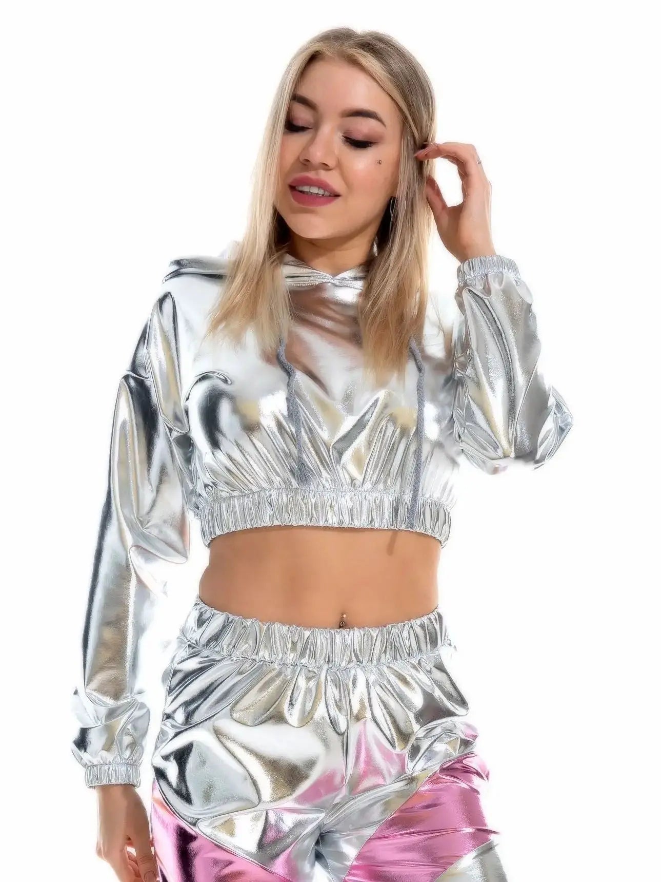 Holographic Crop Hoodie | Metallic Shiny | Drawstring