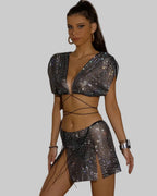 Rhinestone Crop Top & Skirt Set - Backless Festival Two-Piece