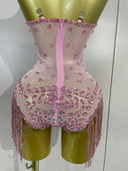 Rhinestone Tassel Bodysuit | Floral Appliqué | XS–XL