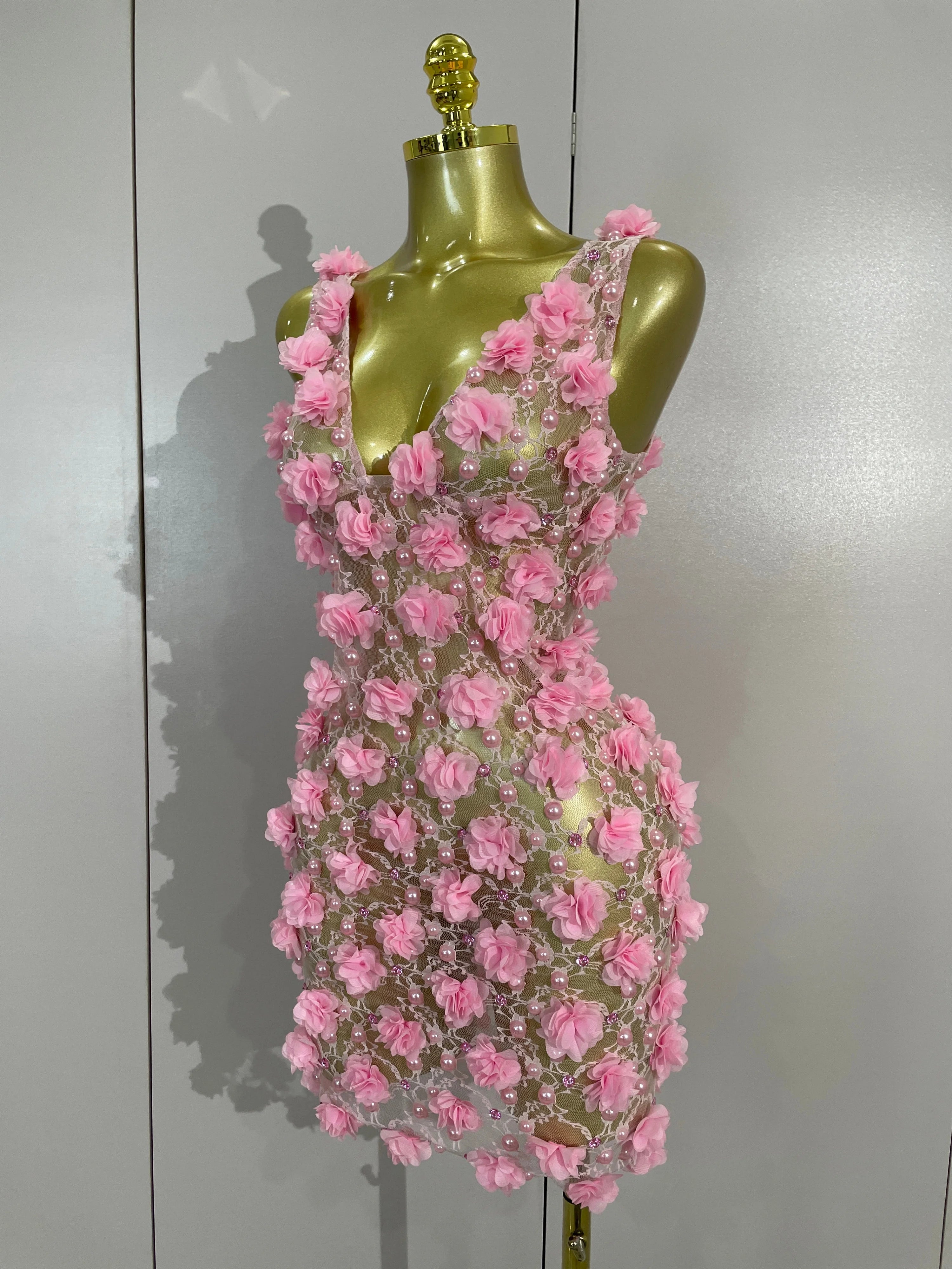 Pearl Flower Mesh Mini Dress | 3D Appliqué | V-Neck | Stage & Club