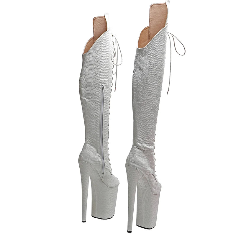 9-Inch Snake Print Thigh-High Boots - Open Toe Platform Dance Boots