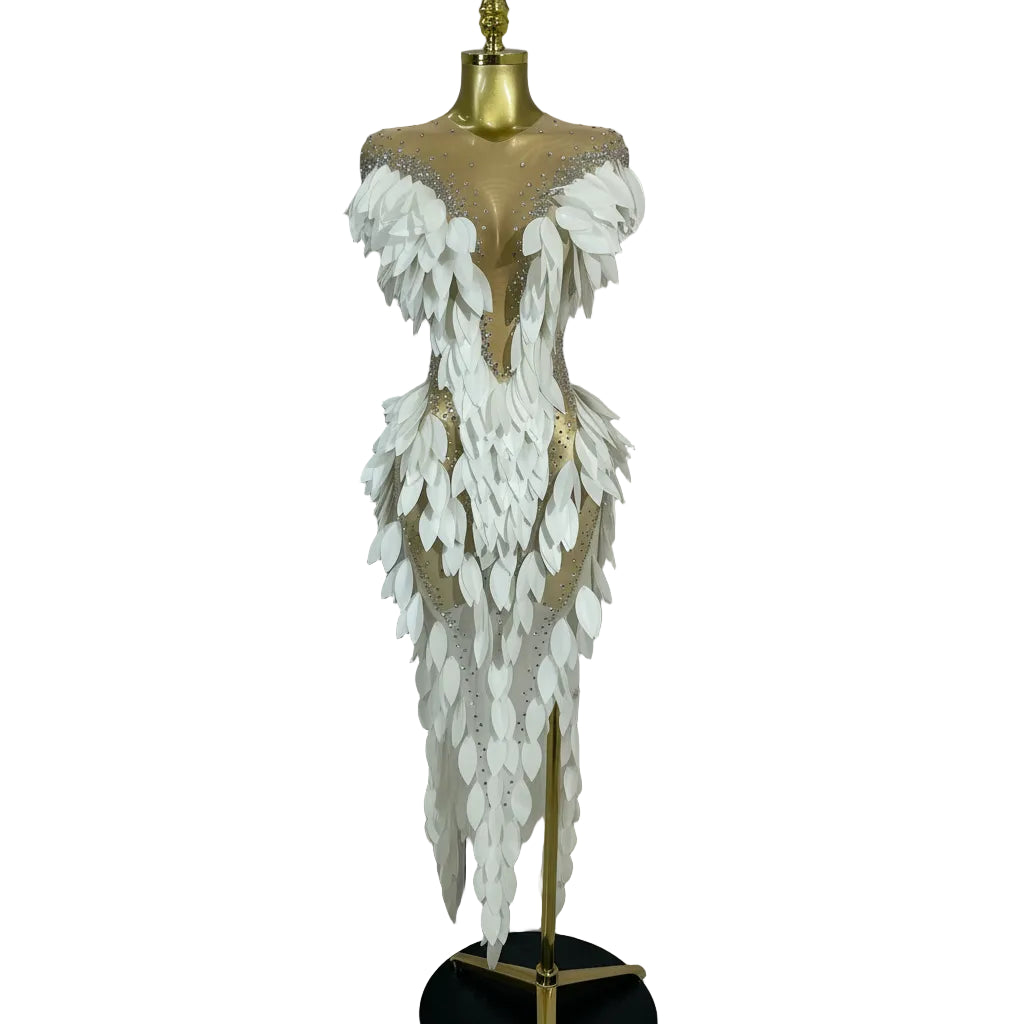 Pearl & Diamond Mesh Feather Gown | Sheer | Stage & Evening
