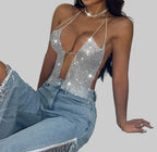 Metal Chain Rhinestone Halter Crop Top - Backless Deep V Tank