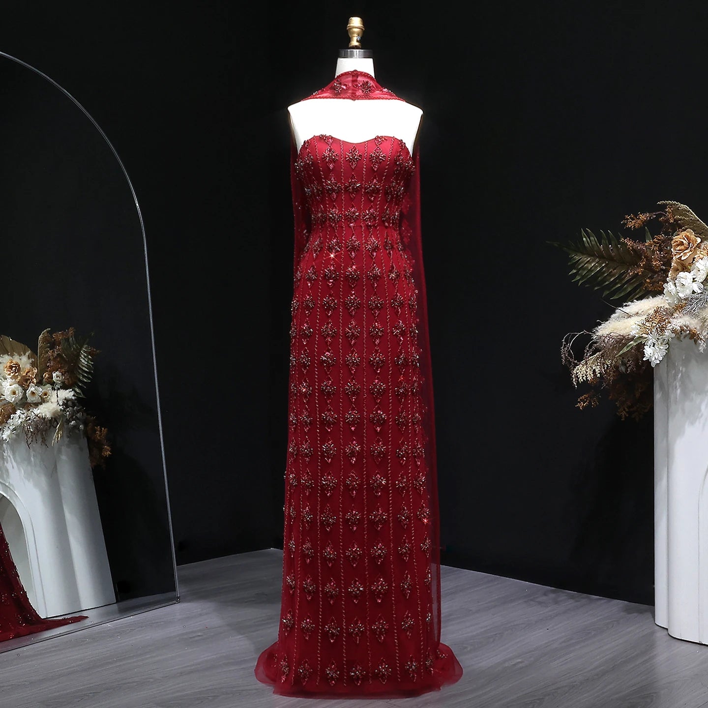 Crystal Beaded Mermaid Gown | Strapless | Scarf Overlay