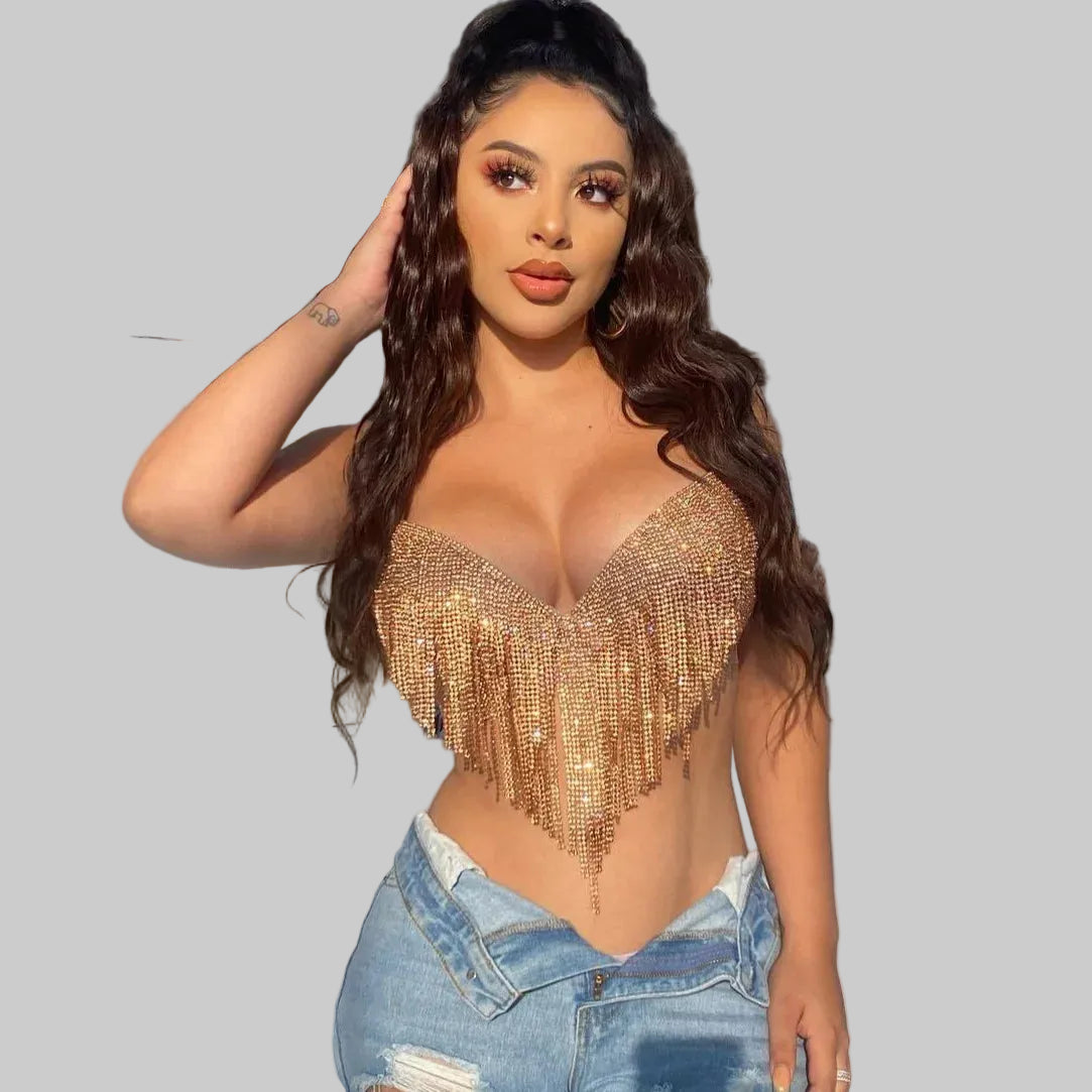Rhinestone Tassel Halter Crop Top - Backless Sequin Party Top