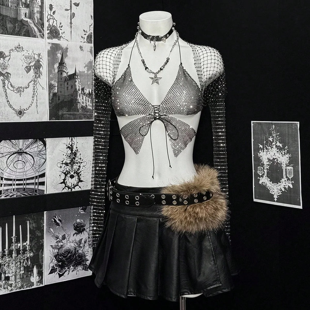 Rhinestone Mesh 2-Piece Set - Crop Top & Sheer Cover-Up