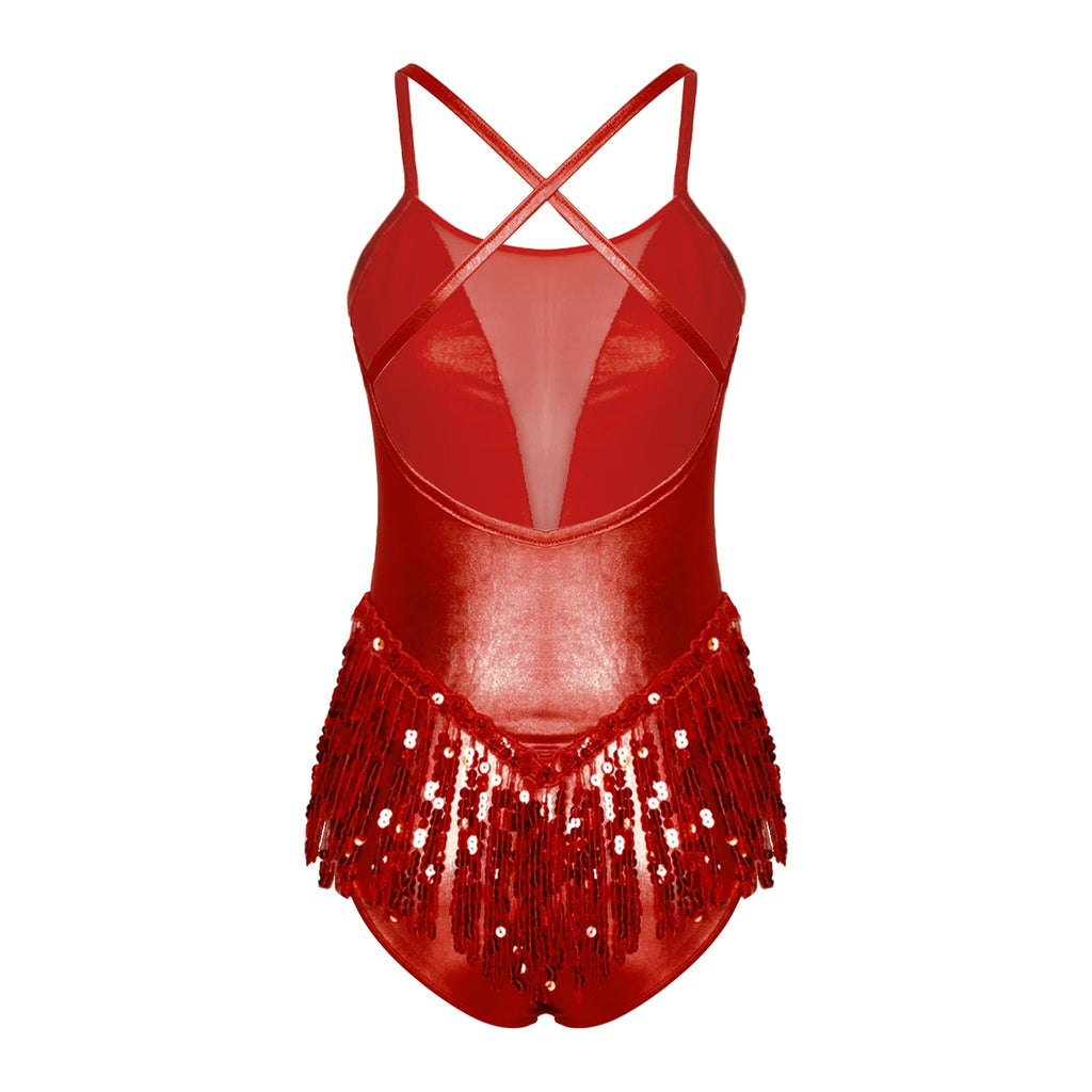 Sequin Tassel Leotard | Cross Back | Latin Dance