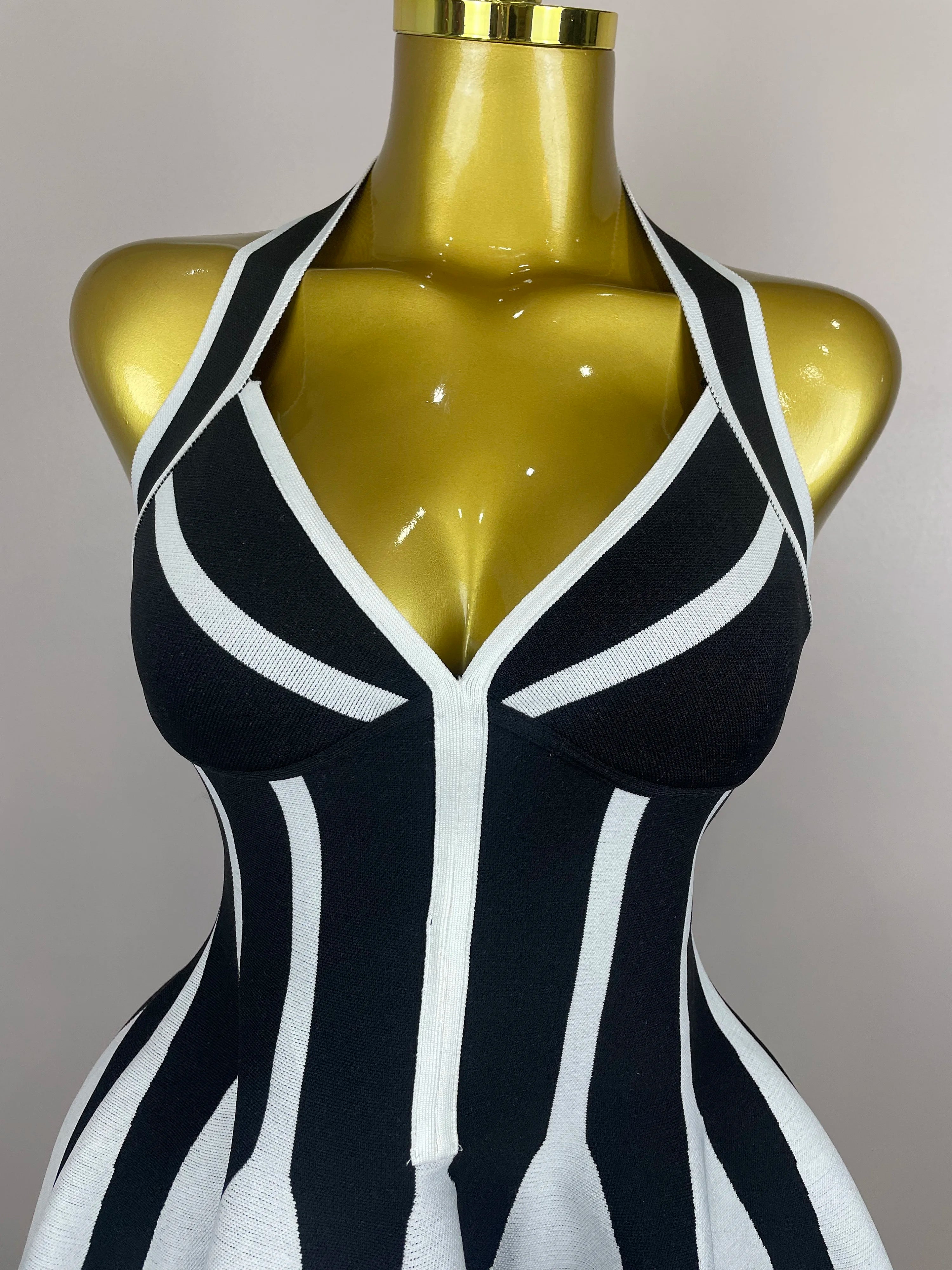 Stripe Halter Bandage Dress | Black & White | Mini