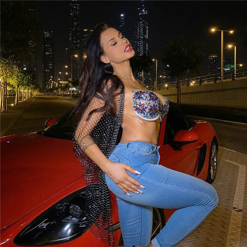 Full Rhinestone Off-Shoulder Crop Top - Backless Spaghetti Strap Tank