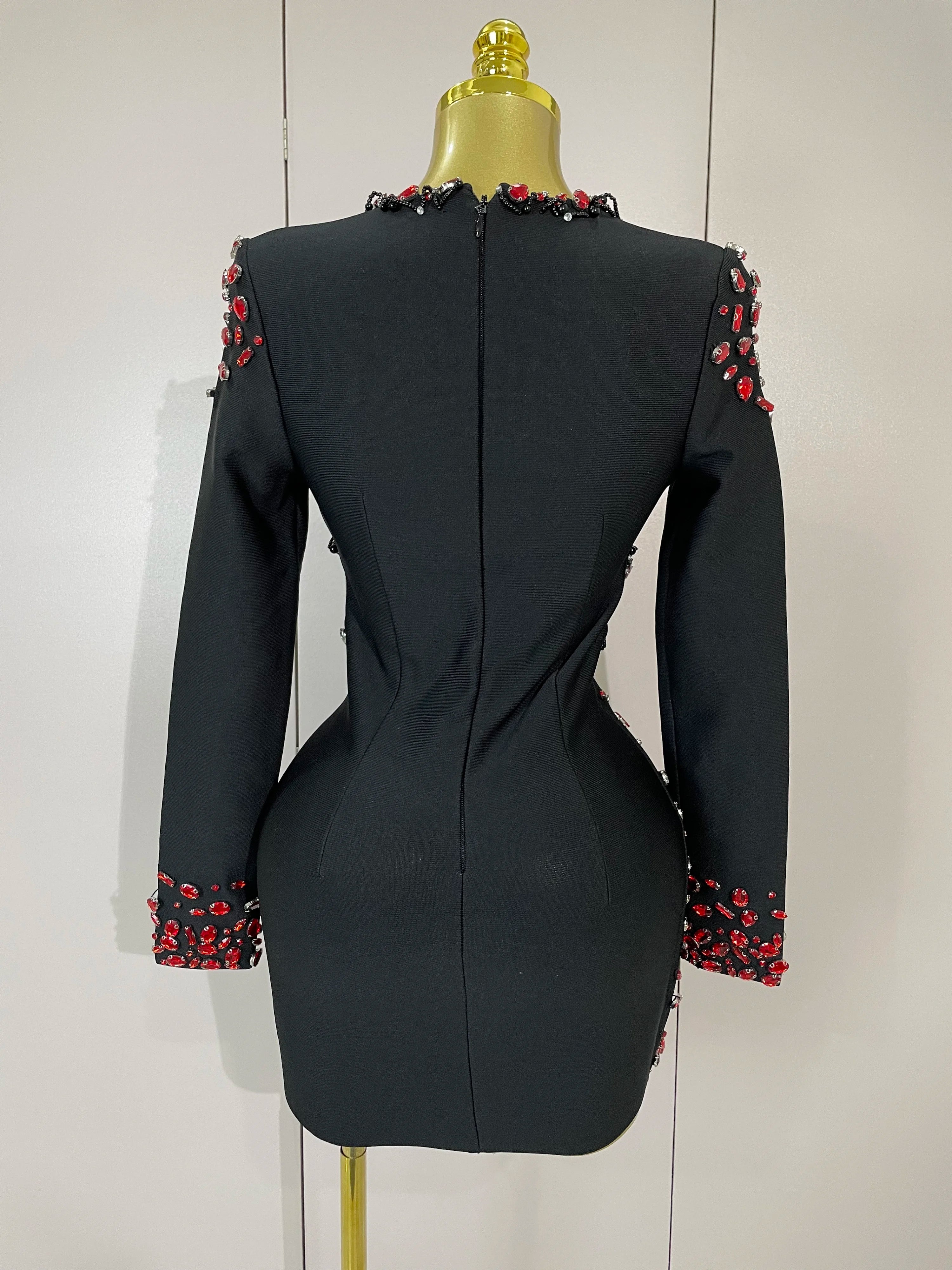 Rhinestone Trim Bandage Mini Dress | Long Sleeve | V-Neck