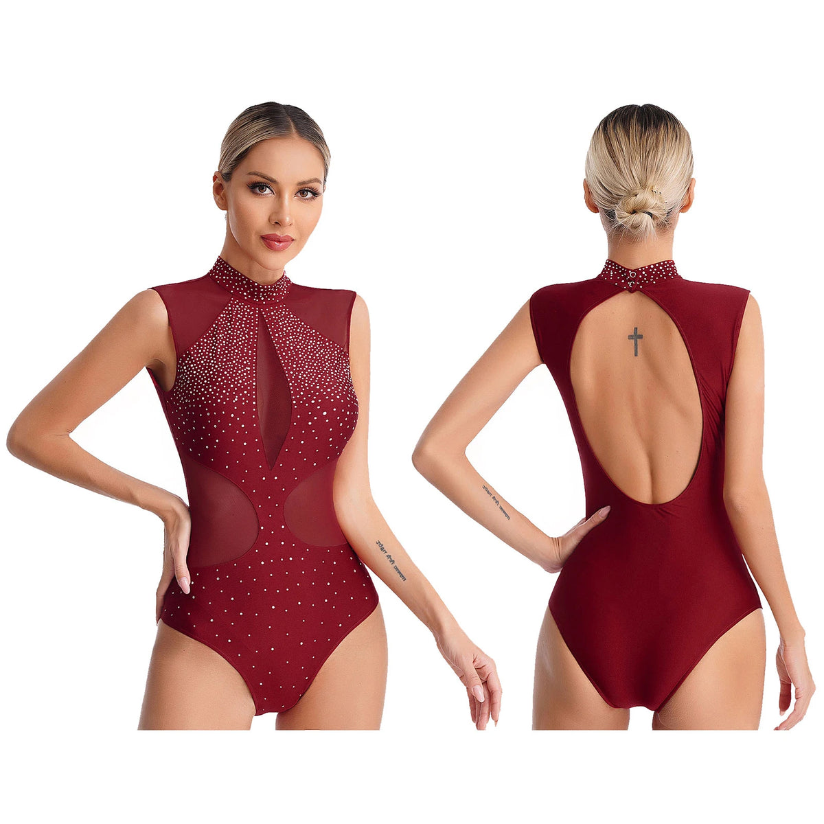 Women's Rhinestone Asymmetric Jumpsuit | One Long Leg & Sheer Mesh Illusion | Performance Bodysuit